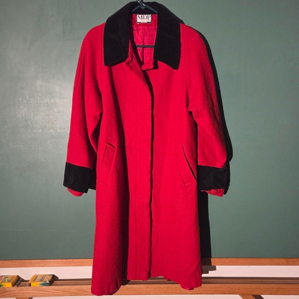 Vintage Mario De Pinto Red Wool Coat Black Velvet Collar XL 90s Made in USA